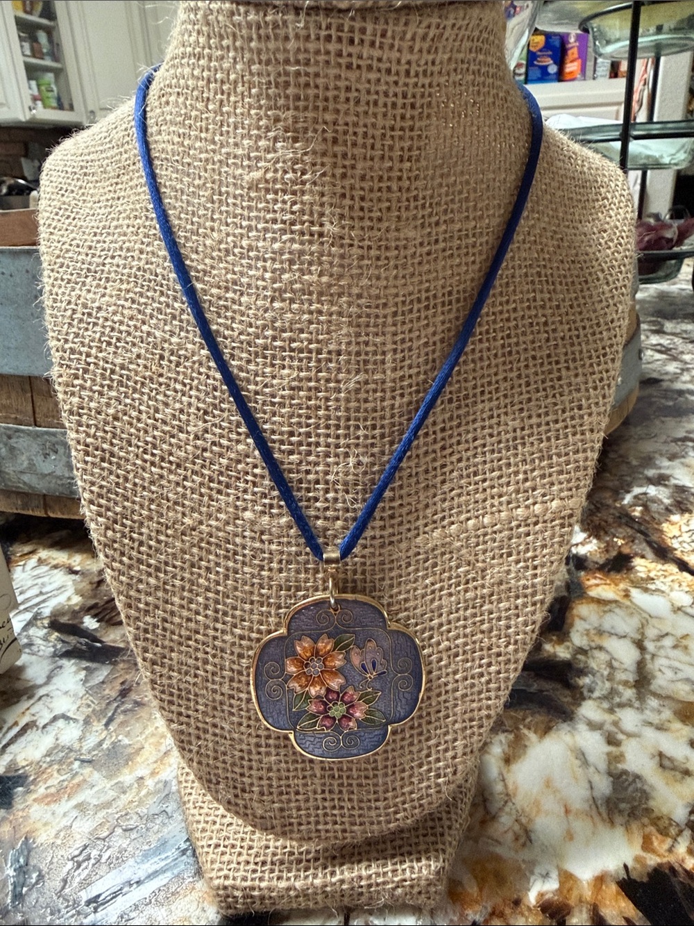 Vintage Floral Cloisonné Pendant Necklace in Blue with Multicolor Flowers